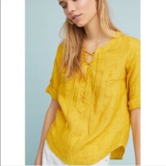 ⛔️SOLD⛔️Anthropologie Maeve Top Linen Lace Up Blouse High Low Yellow Women’s Top - Picture 2 of 7